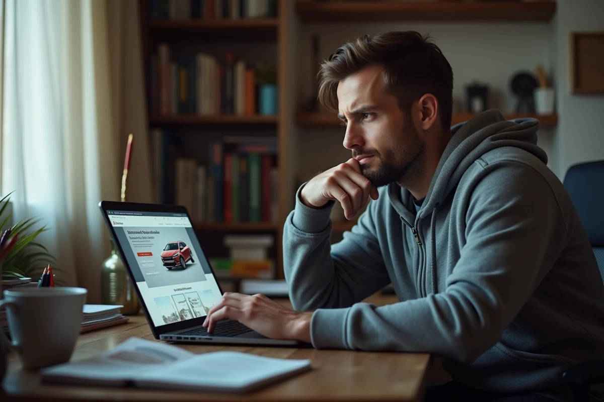 Homme consultant une annonce de voiture d'occasion de marque inconnue sur un ordinateur portable à domicile