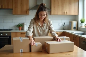 Jeune femme regroupant plusieurs colis SHEIN sur une table en bois pour optimiser la livraison
