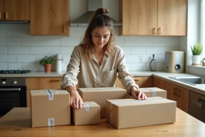 Jeune femme regroupant plusieurs colis SHEIN sur une table en bois pour optimiser la livraison
