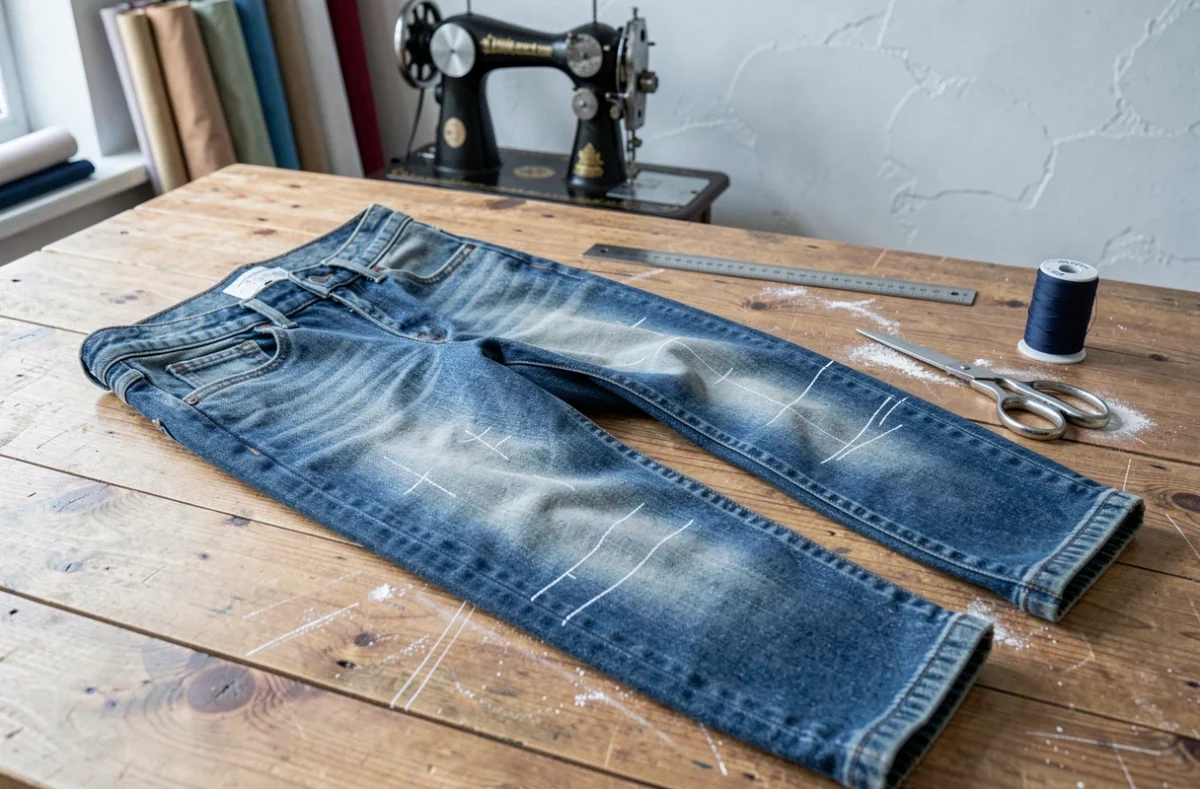 Jean en denim avec marquages de retouche à la craie sur une table de travail dans un atelier de couture à Valence