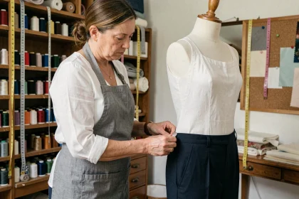 Couturière retoucheuse épinglant l'ourlet d'un pantalon marine sur un mannequin de couture dans son atelier à Valence