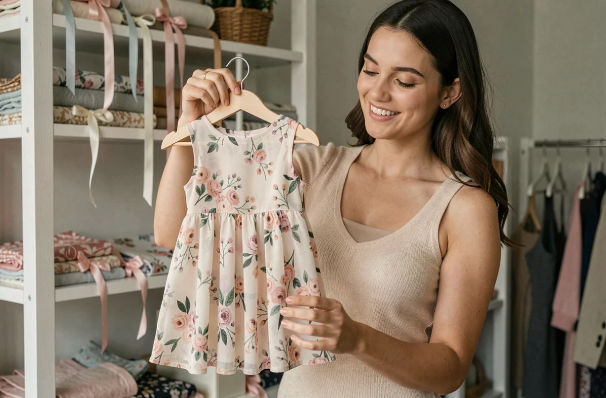 Mère tenant une robe chiffon fleurie pas chère pour bébé dans une boutique décorée