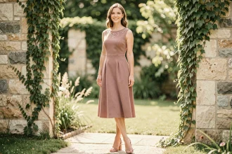 Femme en robe courte cocktail rose poudré avec talons bas block-heel dans un jardin fleuri lors d'un mariage en plein air