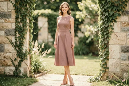 Femme en robe courte cocktail rose poudré avec talons bas block-heel dans un jardin fleuri lors d'un mariage en plein air