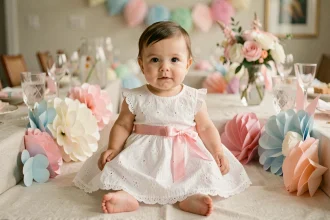 Bébé fille en robe blanche brodée bon marché assise sur une table décorée pour une fête