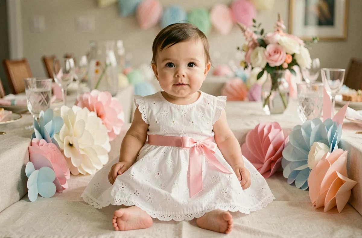 Bébé fille en robe blanche brodée bon marché assise sur une table décorée pour une fête