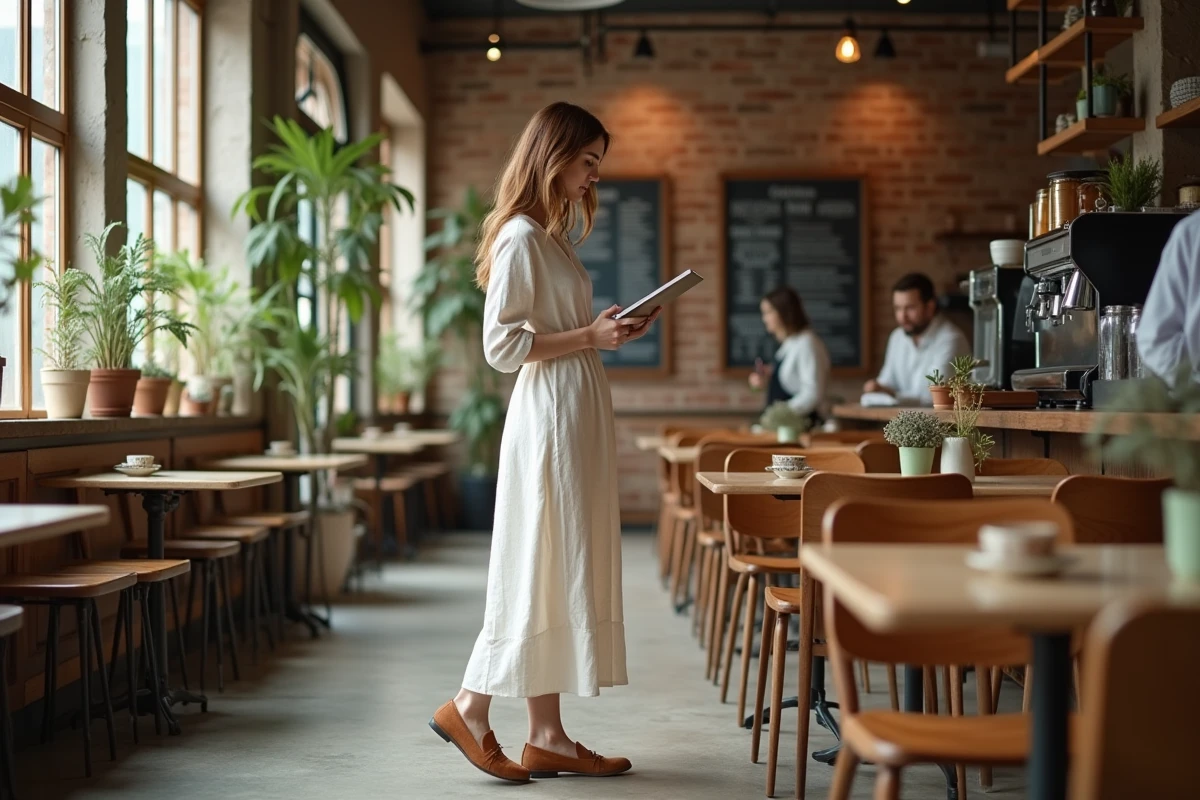 Femme en robe longue lin blanc cassé avec des mocassins camel dans un café moderne, tenue casual élégante