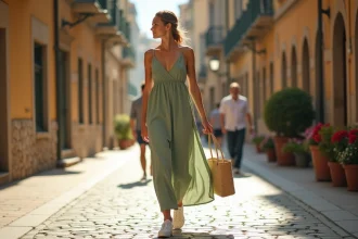 Femme en robe longue verte portant des sneakers blanches dans une rue pavée, style casual chic en journée