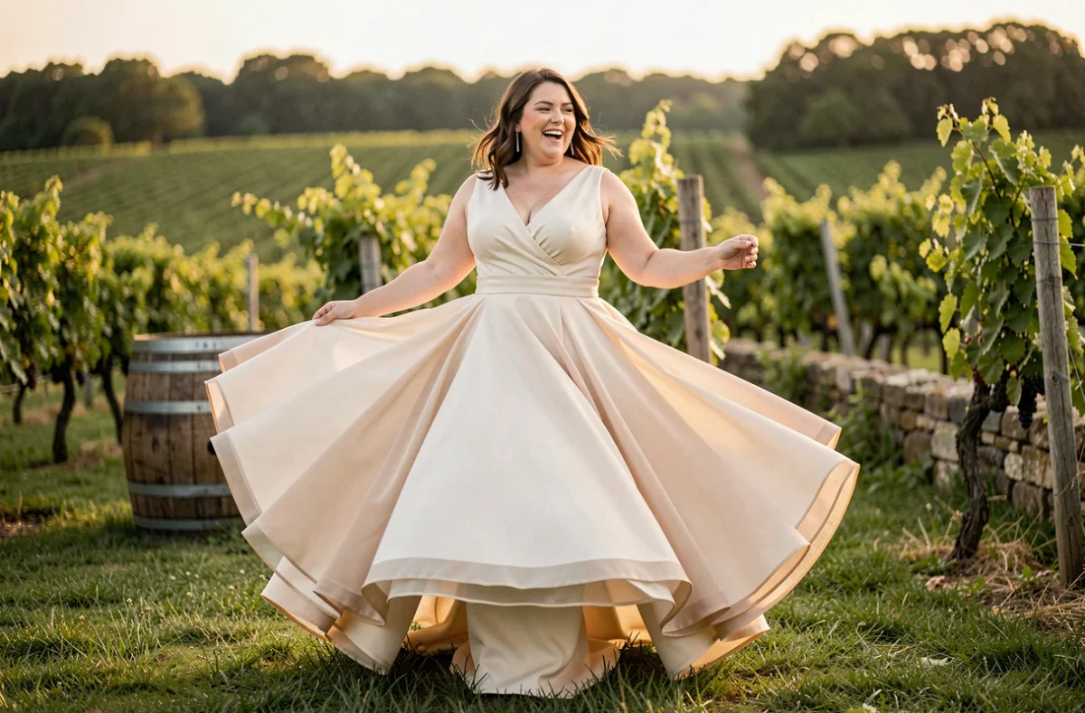 Mariée ronde en robe de mariée 2026 organza virevoltante dans un vignoble français, silhouette épanouie mise en valeur