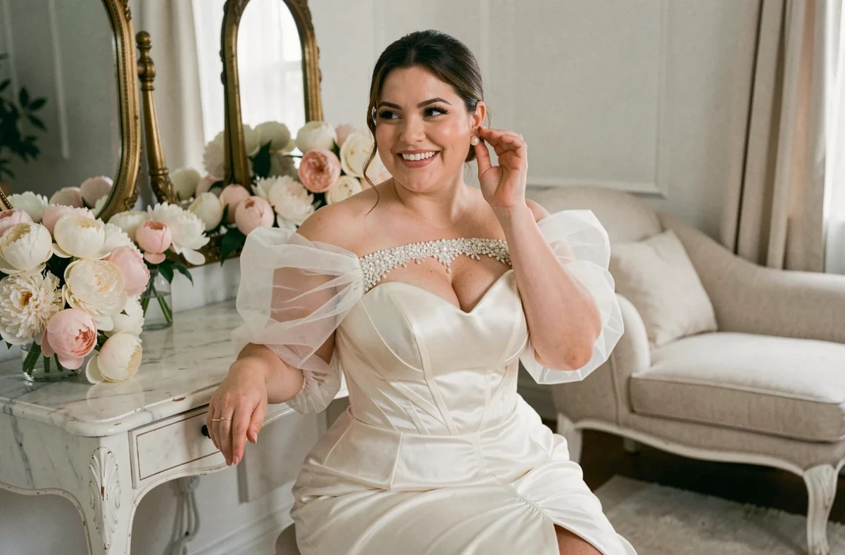Future mariée ronde en robe sirène 2026 à épaules dénudées, séance photo en suite nuptiale avec décor floral élégant