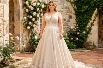Mariée ronde en robe de mariée tendance 2026 col V et dentelle, silhouette mise en valeur dans une cour en pierre fleurie