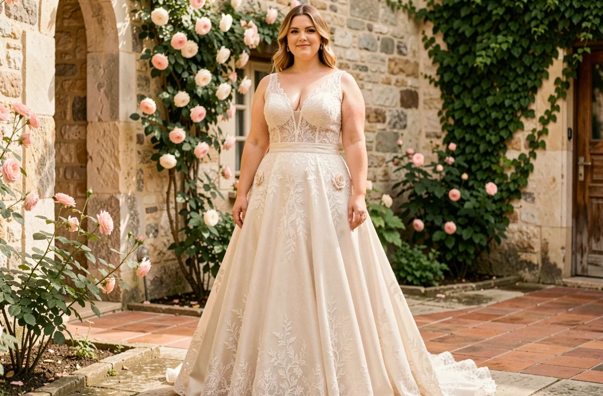 Mariée ronde en robe de mariée tendance 2026 col V et dentelle, silhouette mise en valeur dans une cour en pierre fleurie