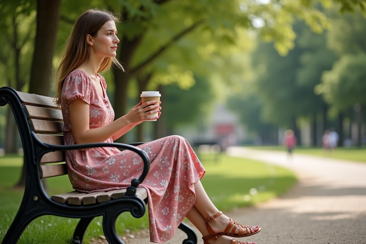 Femme en robe midi fleurie avec sandales plates en cuir assise dans un parc, look décontracté de journée