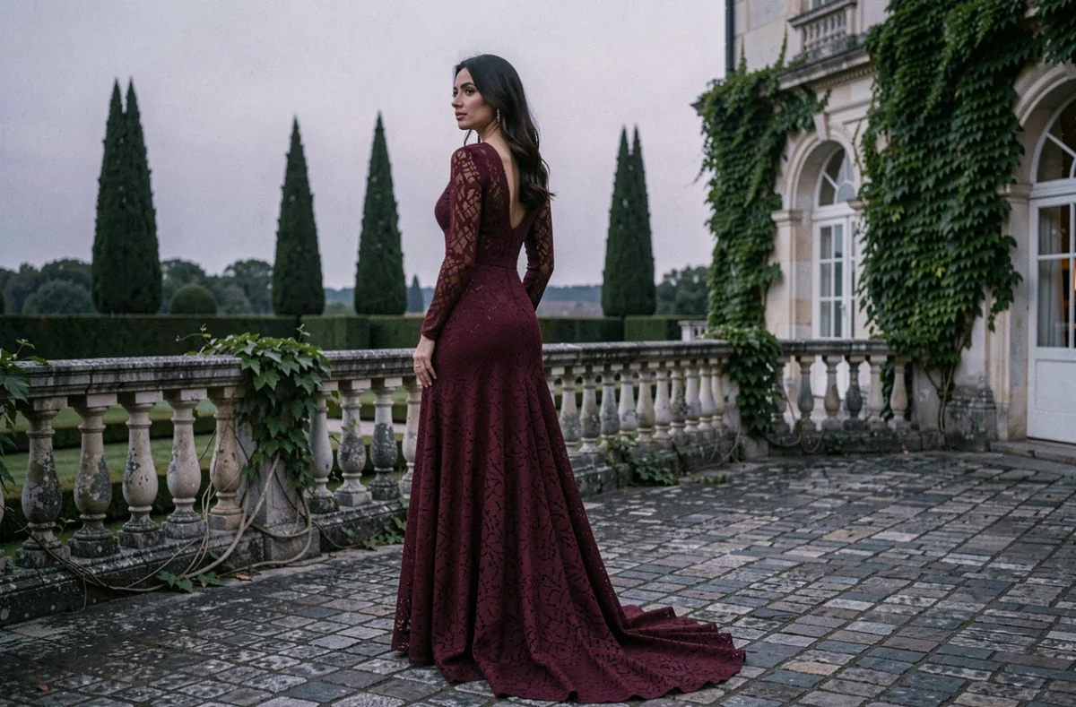 Femme en robe longue à manches longues en dentelle bordeaux sur terrasse de château français au crépuscule