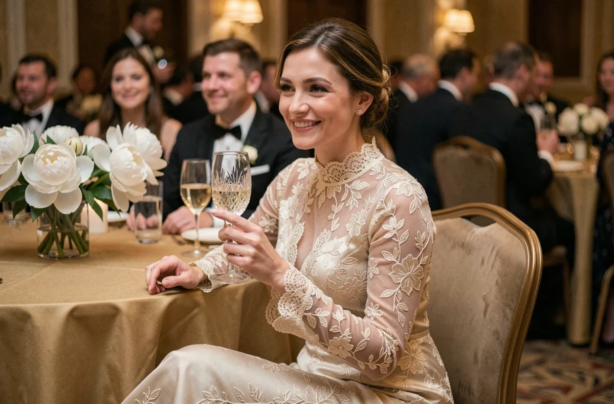 Femme en robe soirée longue dentelle ivoire assise dans un salon de gala élégant