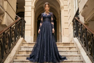 Femme élégante en robe longue à manches en dentelle bleu marine sur un escalier en marbre parisien