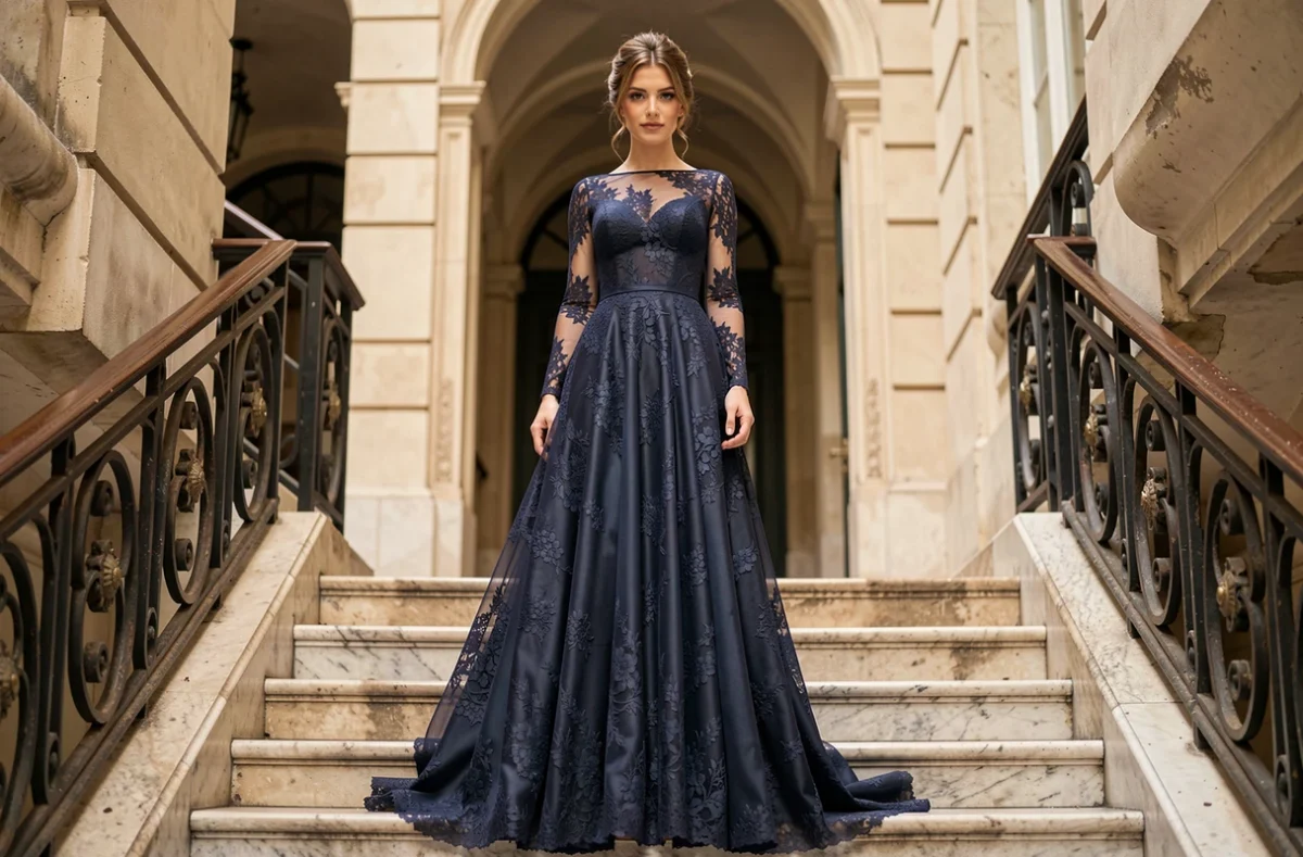 Femme élégante en robe longue à manches en dentelle bleu marine sur un escalier en marbre parisien