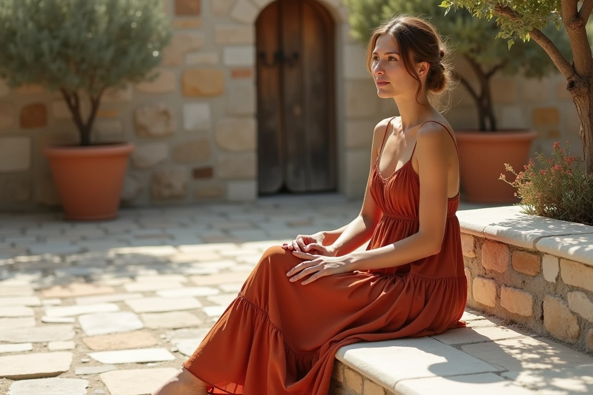 Femme en robe terra cotta longue assise dans un jardin méditerranéen lors d'un mariage en destination