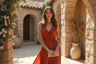 Femme en robe terra cotta mi-longue devant une arche en pierre décorée pour un mariage en Provence