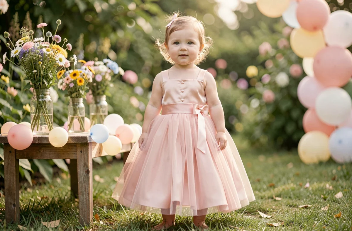 Petite fille en robe tulle rose pour fête bébé dans un jardin décoré avec des ballons
