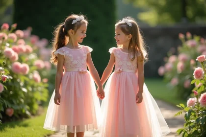 Maman et fillette en robes princesse assorties rose poudré dans un jardin fleuri, tenues coordonnées élégantes pour un look duo mère-fille