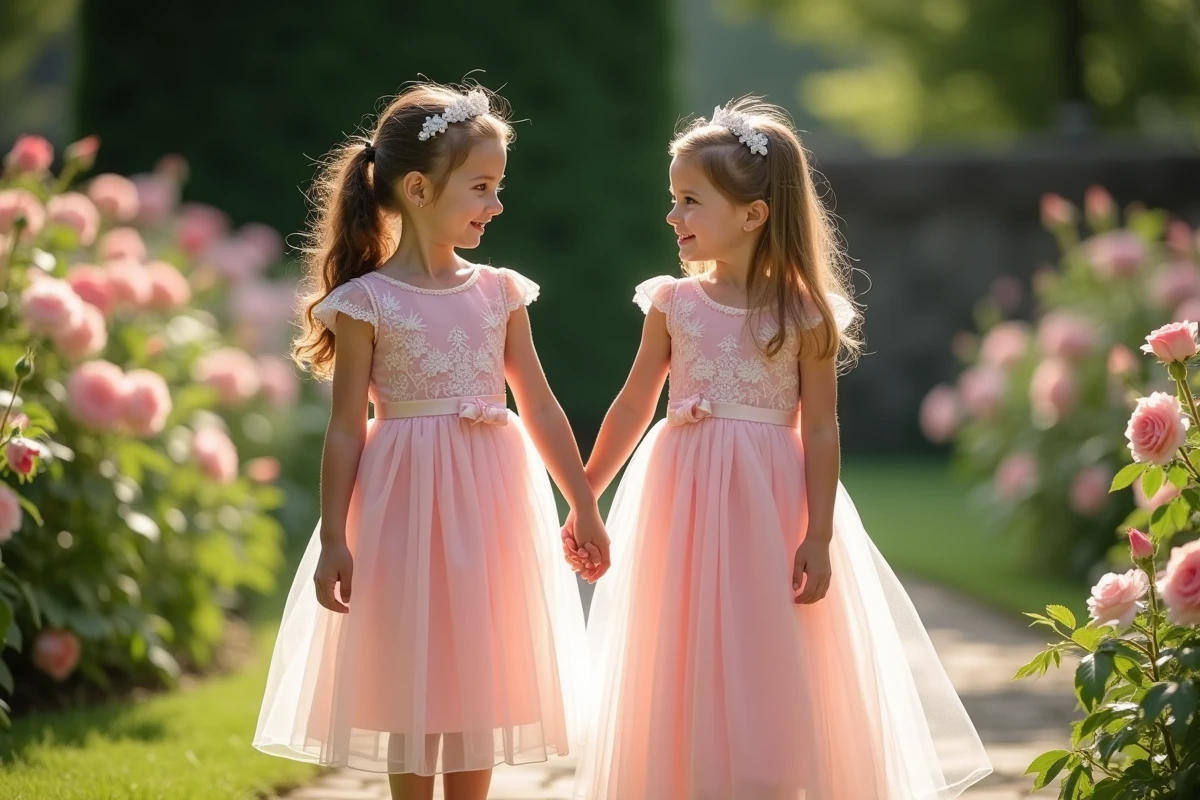 Maman et fillette en robes princesse assorties rose poudré dans un jardin fleuri, tenues coordonnées élégantes pour un look duo mère-fille