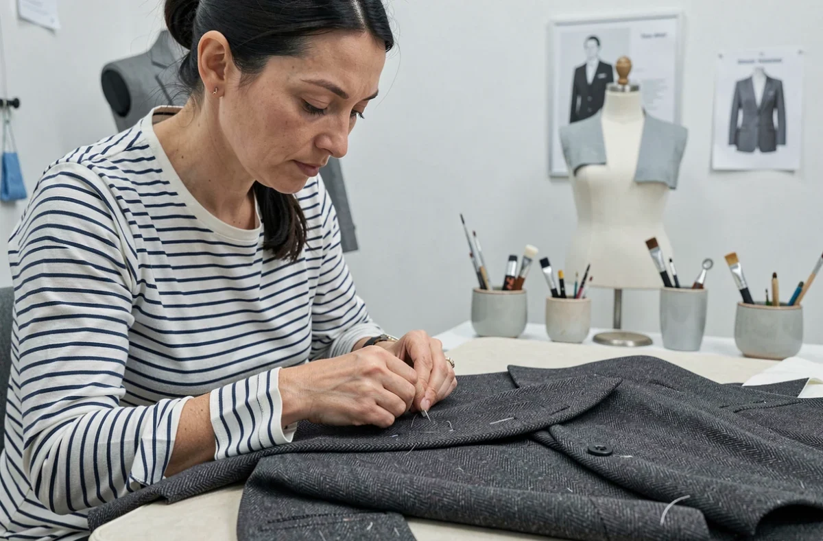 Couturière effectuant des retouches de précision sur une veste de tailleur chez Rosy Retouche à Nantes