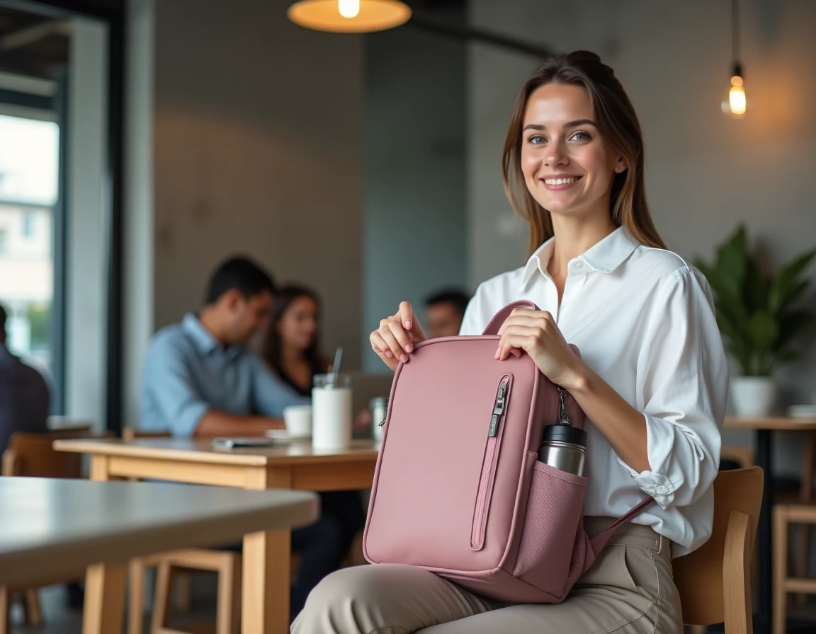Femme posant son sac à dos imperméable léger rose dans un café moderne minimaliste, intérieur urbain tendance