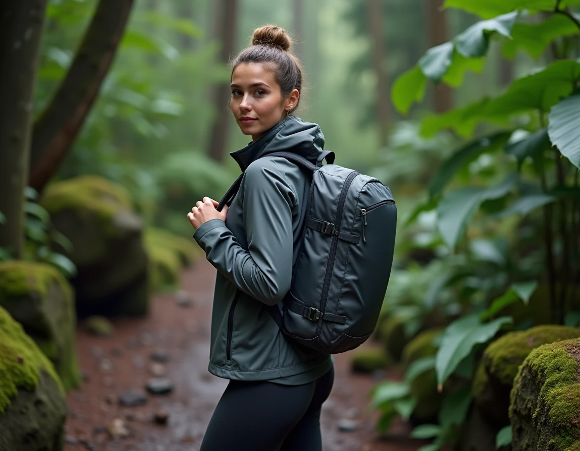 Femme ajustant son sac à dos imperméable léger sur un sentier forestier humide entouré de végétation verte