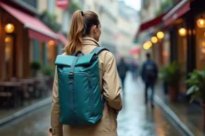 Femme portant un sac à dos imperméable léger en ville sous la pluie, rue pavée mouillée en arrière-plan