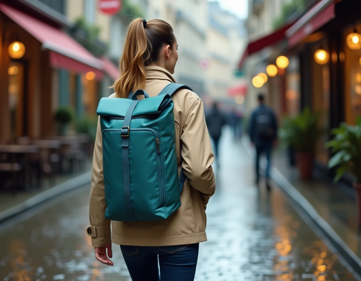 Femme portant un sac à dos imperméable léger en ville sous la pluie, rue pavée mouillée en arrière-plan