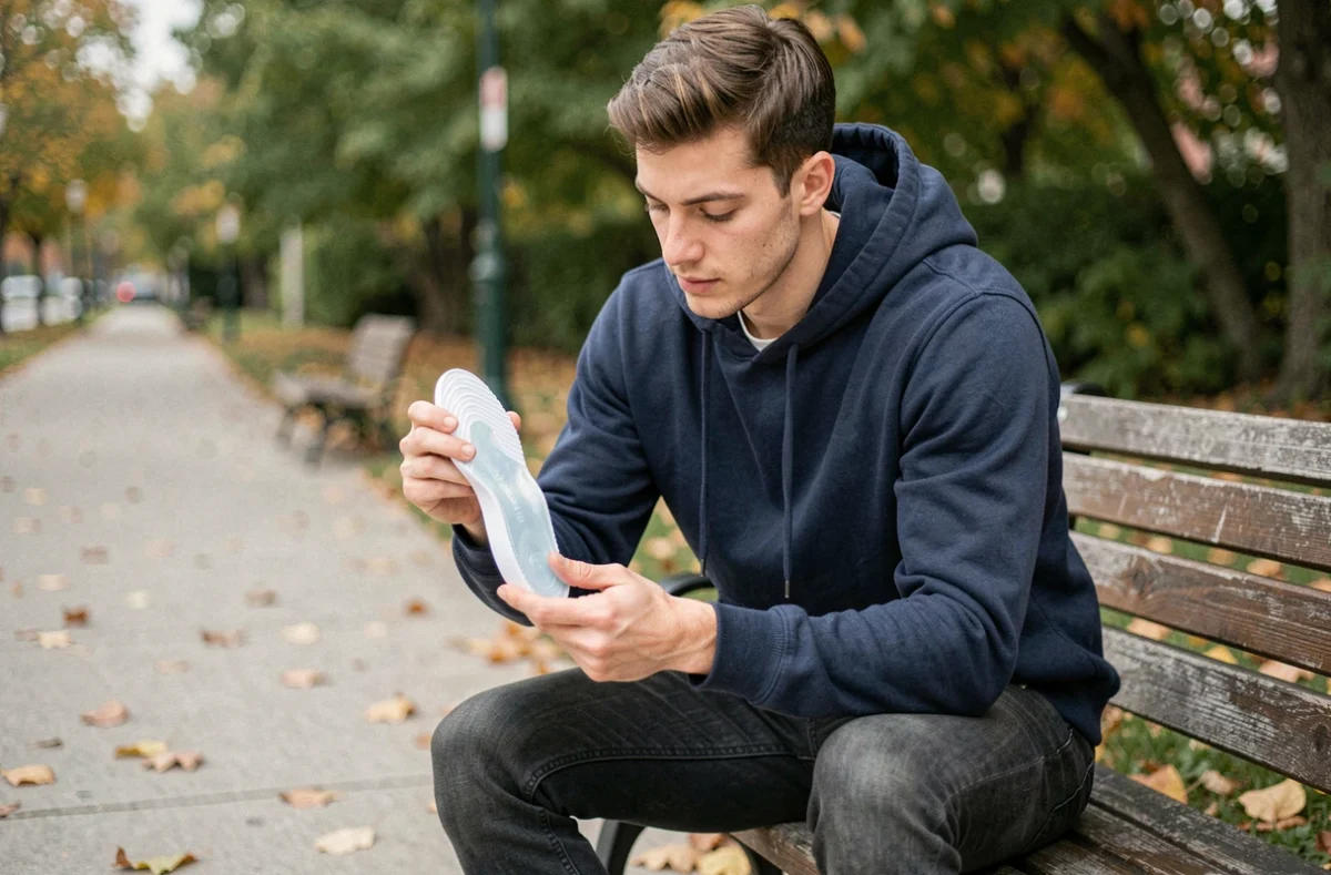 Jeune homme comparant une semelle gel avec une sneaker trop grande dans un parc urbain en automne