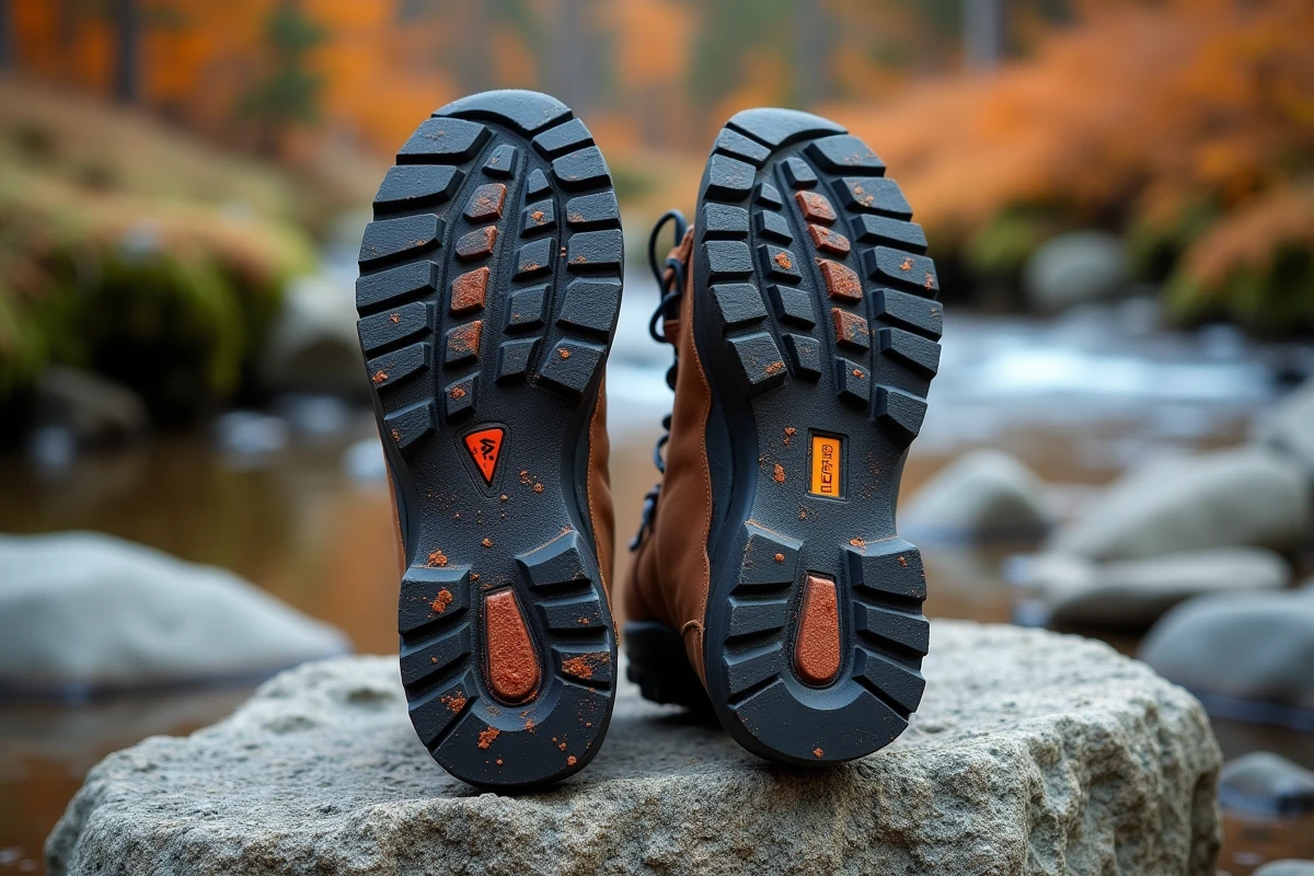 Semelles de rangers de randonnée homme avec crampons en gomme et traces de terre argileuse sur granite