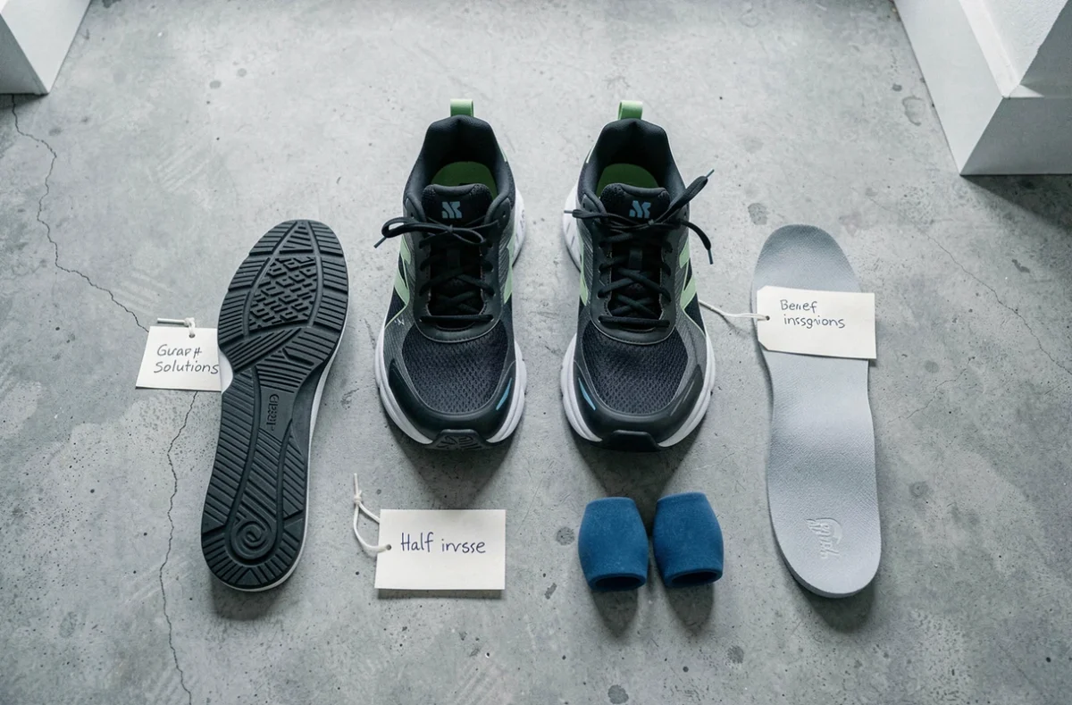 Vue de dessus d'une paire de baskets trop grandes entourée de solutions de semelles et coussinets pour compenser la taille