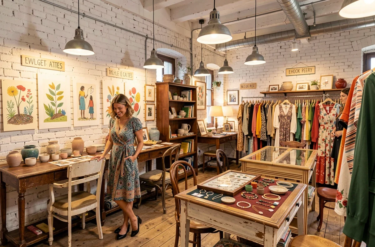 Espace collectif de la boutique Specimen à Bordeaux avec des stands de créateurs proposant bijoux, vêtements et objets artisanaux