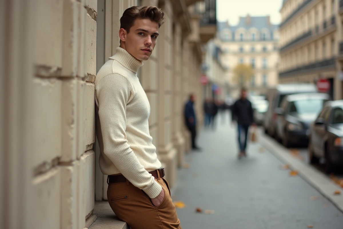 Jeune homme style yéyé en col roulé et pantalon slim camel dans une rue parisienne, mode homme années 60