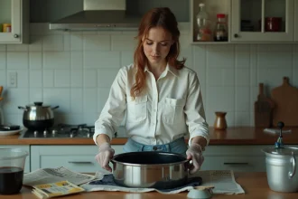 Femme portant des gants en caoutchouc plongeant un vêtement blanc dans un bain de teinture noire dans une cuisine à domicile
