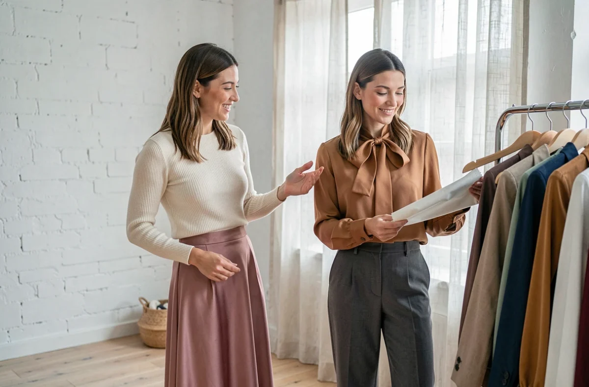 Deux femmes découvrent des vêtements tendance 2026 dans un studio de mode éditorial aux tons doux et épurés