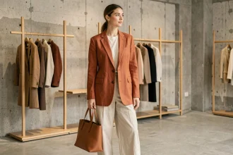 Femme portant un blazer oversize terracotta et un pantalon large écru dans une boutique de mode parisienne tendance 2026
