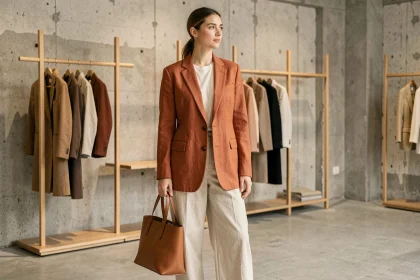 Femme portant un blazer oversize terracotta et un pantalon large écru dans une boutique de mode parisienne tendance 2026