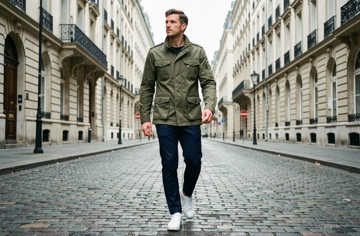 Homme en veste utilitaire kaki marchant dans une rue pavée européenne, style mode masculine tendance 2026