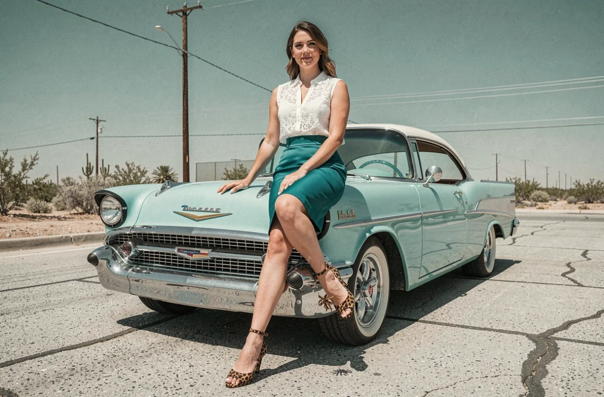 Femme en jupe crayon taille haute et talons léopard rockabilly assise sur une Chevrolet Bel Air vintage dans un décor de désert américain