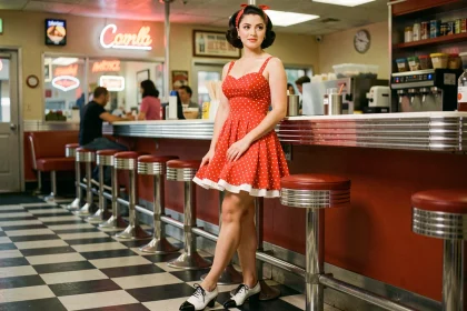 Femme en tenue pin-up années 50 avec robe à pois rouge et chaussures rockabilly bicolores dans un diner américain vintage
