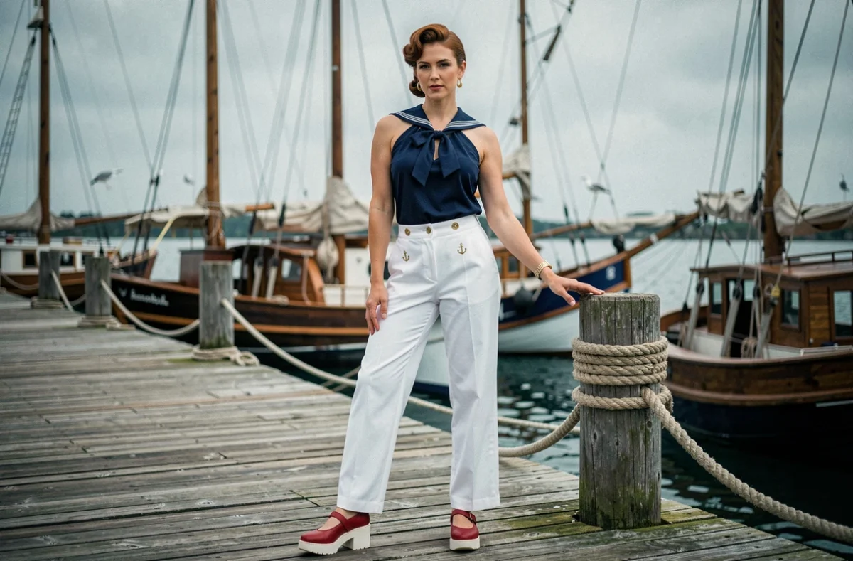 Femme en tenue pin-up style marin avec pantalon blanc, top rayé et chaussures mary-jane rouges rockabilly sur un quai de port vintage