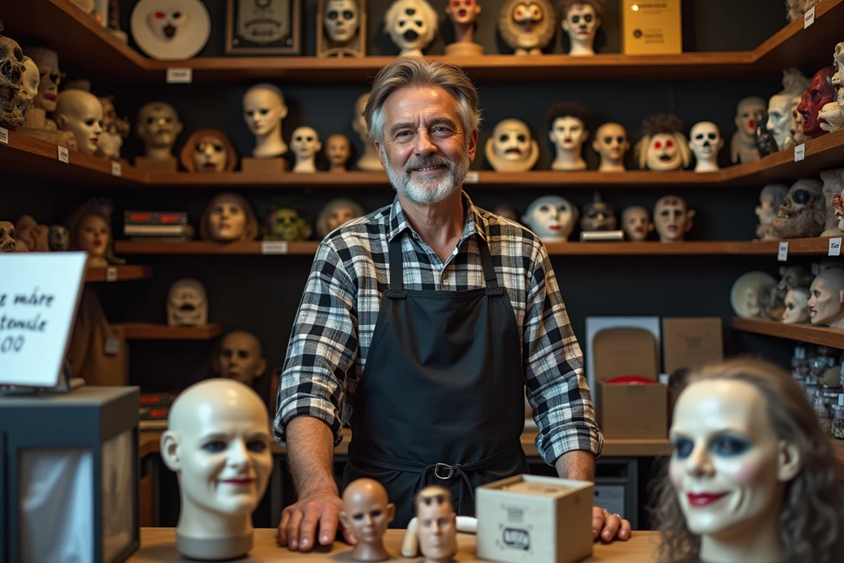 Propriétaire de boutique Halloween parisienne arrangeant des masques et accessoires sur son comptoir