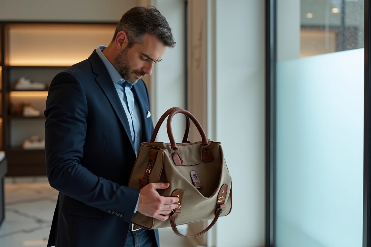 Homme examinant le marquage intérieur et l'étiquette d'authenticité d'un sac de luxe dans une boutique pour identifier une fausse Louis Vuitton