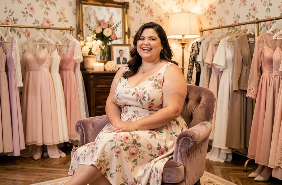 Une femme ronde et épanouie essaie une robe fleurie romantique dans le showroom de la boutique Vie de Reine, assise dans un fauteuil en velours entouré de créations féminines délicates et colorées.